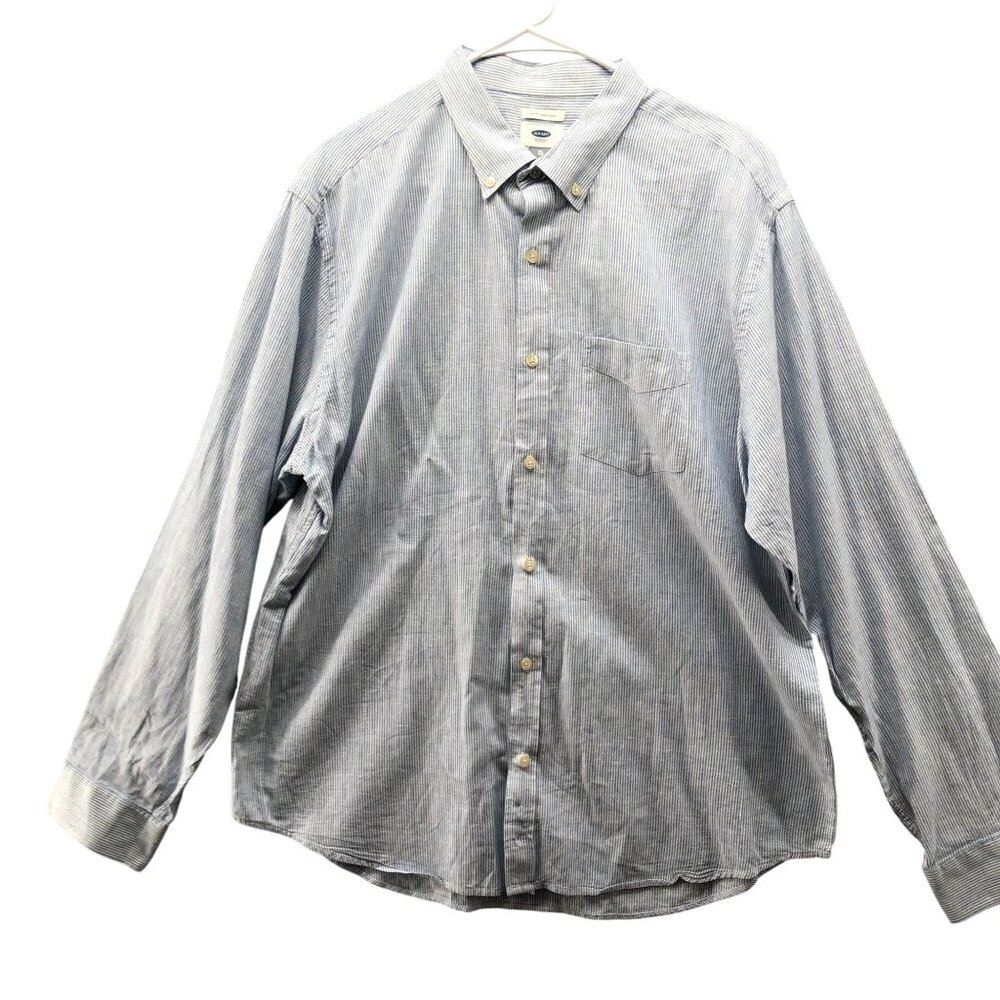Old Navy Cotton Linen Long Sleeve‎ Shirt Mens XL Blue White Stripe Button Down